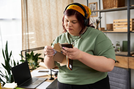 Pretty woman engaged in artistic exploration, crafting with passion in her stylish art studio.の写真素材