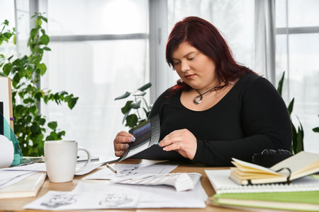 In a large art studio, a woman recalls her creativity while reviewing sketches and drawings.の写真素材