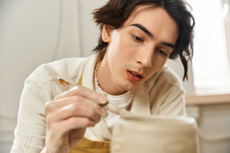 A dedicated and fashionable man meticulously painting unique pottery creations in his studio.