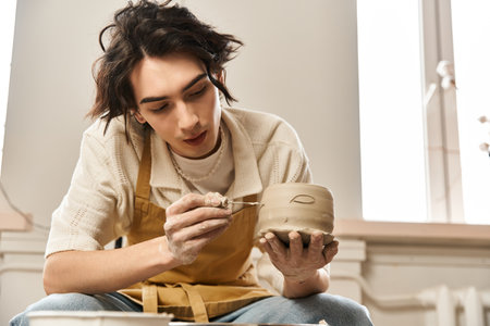 A dapper man carefully shapes pottery in his trendy ceramics studio, displaying creativity.の写真素材