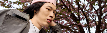 A young asian man in a trendy outfit relaxes in a park surrounded by vibrant blossoms, bannerの写真素材