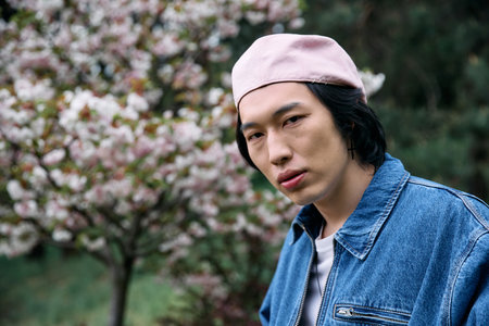 A young asian man poses confidently in a stylish denim outfit amid blooming flowers in a park.