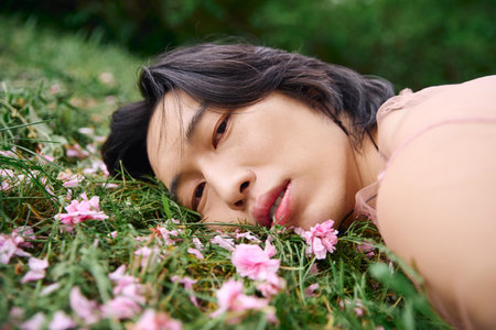A young asian man lounges gracefully among pink flowers, showcasing modern fashion vibes.の写真素材