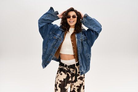 A young woman poses confidently in a trendy outfit with striking cow print pants in a studio.