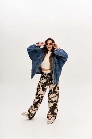 A fashionable woman wears cow print pants with a denim jacket against a minimalistic backdrop.の写真素材