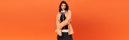 Young woman confidently models a trendy skirt and jacket against a vibrant orange backdrop, banner