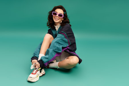 Young happy woman wearing a fashionable sporty outfit poses playfully against a turquoise backdrop.