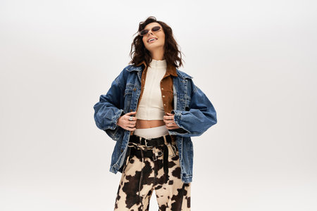 A young woman poses confidently in trendy cow print pants and a denim jacket.の写真素材