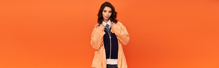 A young woman confidently poses in a chic skirt and jacket against a bright orange backdrop, bannerの写真素材