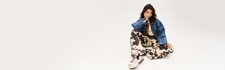 A young woman sits elegantly wearing cow print pants and a denim jacket against a grey backdrop, bannerの写真素材