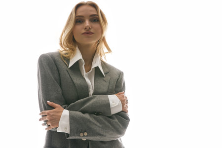 A stylish young woman poses confidently in a chic outfit against a bright backdrop.の写真素材