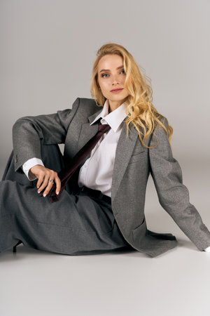 A young woman elegantly poses in a fashionable ensemble, exuding confidence and style.の写真素材