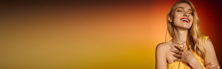 A young woman in chic attire smiles brightly, enjoying the golden hour in a stylish atmosphere.の写真素材