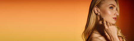 A young woman displays a chic outfit and vibrant accessories against a colorful backdrop.の写真素材