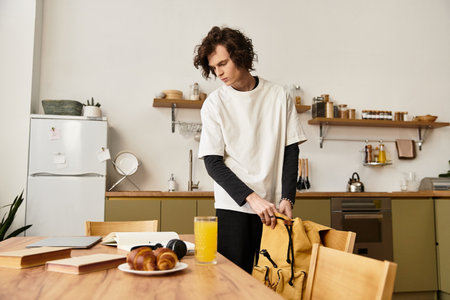 A young man enjoying a calm morning in a cozy kitchen, packing his bag with essentials.の写真素材
