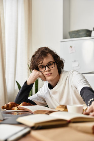 Cozy atmosphere highlights a young mans relaxed afternoon coffee and reading experience.の写真素材