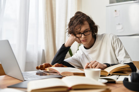 Relaxed young man in cozy attire sits at home, reading books while savoring delicious pastries.