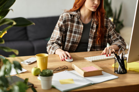 Focused young woman engages in creative work at her home workspace, surrounded by plants and books.の写真素材