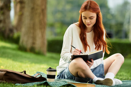 A young woman with red hair sits on grass, happily writing in her notebook while sipping coffee.の写真素材
