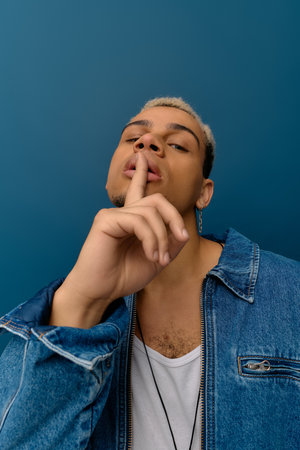 A young african american man with dyed hair poses confidently in a trendy denim jacket.の写真素材