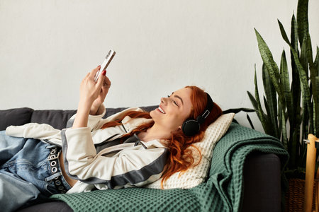 A young beautiful woman lounges on a soft couch with headphones, smiling while using her phone.の写真素材