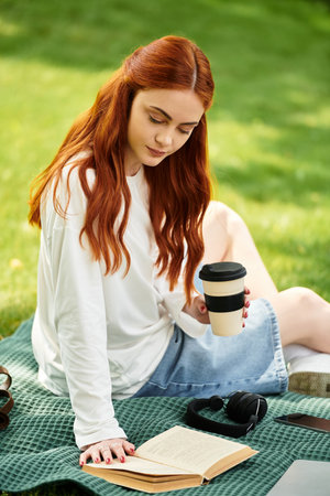 A young woman relaxes outdoors, sipping coffee while reading a book on a warm afternoon.の写真素材