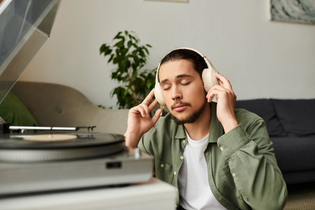 Young man sits comfortably at home, deeply engaged in listening to music and unwinding.