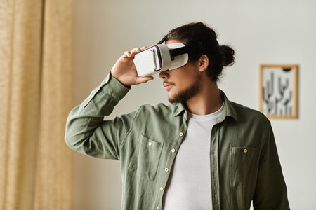 A young man joyfully enjoys virtual reality, fully immersed in a digital world at home.