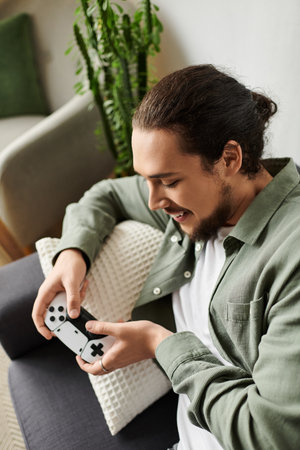 A young, handsome man plays video games at home, smiling with joy and focus.