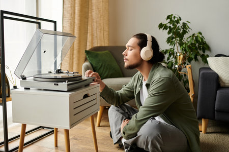 A young man enjoys music through headphones by a turntable in a cozy home.