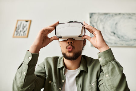 A handsome young man enjoys virtual reality adventures at home.
