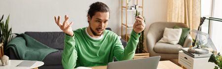 Bright and cozy home atmosphere as young man animatedly discusses on his laptop, expressing ideas.