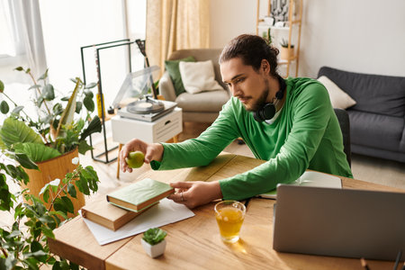 Relaxing at home, a young handsome man explores his books while savoring a green apple and drink.の写真素材