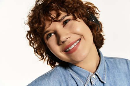 A young woman with curly hair smiles while wearing a denim shirt and headphones.