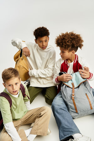 Three cute boys share laughter and friendship, dressed in vibrant styles that showcase their flair.の写真素材
