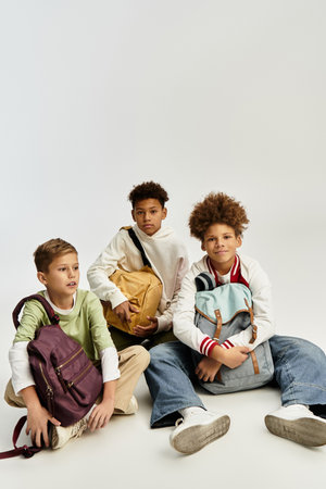 Three little boys are enjoying each others company in trendy outfits and colorful backpacks.の写真素材