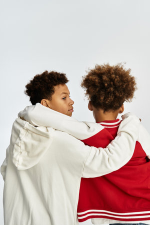 Two little boys embrace each other, showcasing their stylish outfits and camaraderie.