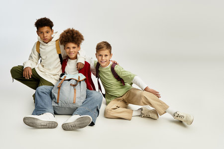 Three adorable boys exhibit their stylish attire while celebrating friendship in a vibrant display.の写真素材