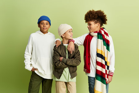 Three adorable little boys share smiles and laughter together while dressed in stylish attire.の写真素材
