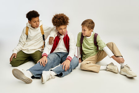Joyful camaraderie unfolds as adorable boys don colorful attire, sitting closely together.
