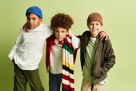 Three adorable boys wear stylish outfits while sharing a fun moment, highlighting their friendship.の写真素材