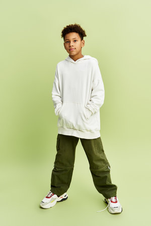 Adorable little boy poses confidently in trendy attire against fresh green backdrop, exuding charm.