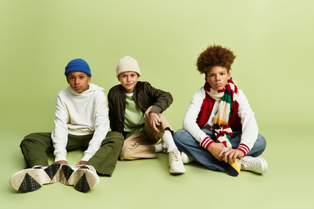 Three adorable boys in vibrant styles enjoy their friendship against a bright backdrop.の写真素材