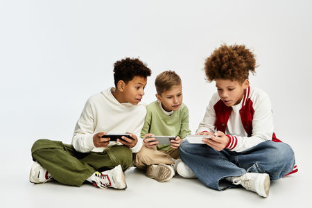 Three little boys in stylish outfits bonding over a fun gaming experience together.の写真素材