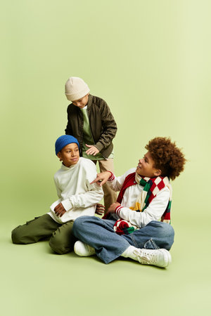 Three little boys share laughter and joy while dressed in bright, fashionable outfits.の写真素材