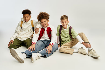 Three cheerful boys sit together showcasing their stylish outfits and celebrating friendship.