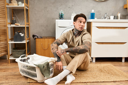 A tattooed young man relaxes at home, sitting near a laundry basket on a cozy rug.の写真素材