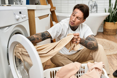 Tattooed man calmly sorts laundry while relaxing in his warm and inviting bathroom space.の写真素材