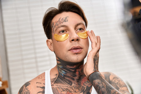 A young man with tattoos relaxes at home while applying under eye patches for a refreshing glow.