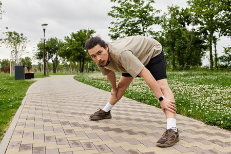 Sporty individual prepares for exercise by stretching in a lush park on a cloudy day.